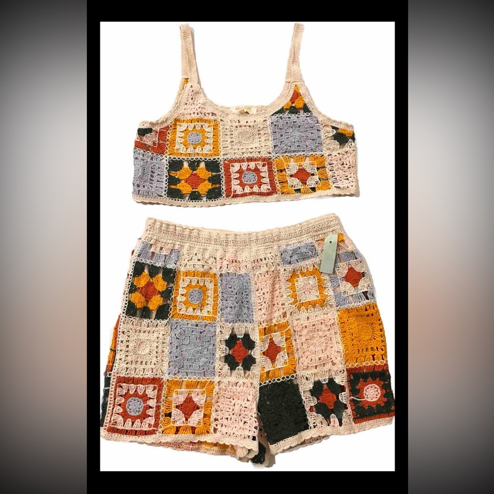 New Rebellion Again Cotton Mix Floral Crochet Crop Top  And Shorts Set Size L